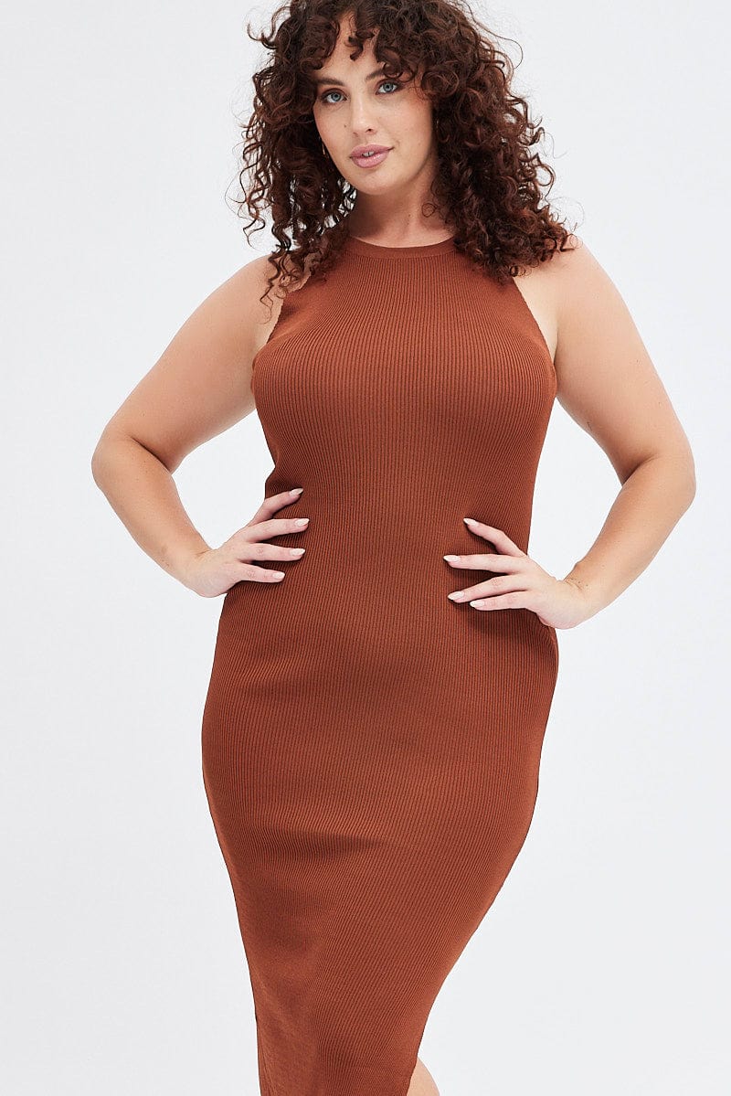 Brown Knit Dress High Neck Midi for YouandAll Fashion