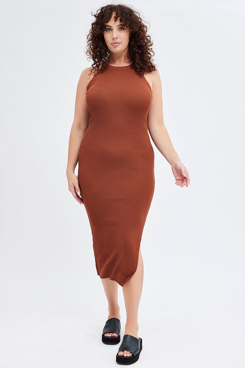 Brown Knit Dress High Neck Midi for YouandAll Fashion