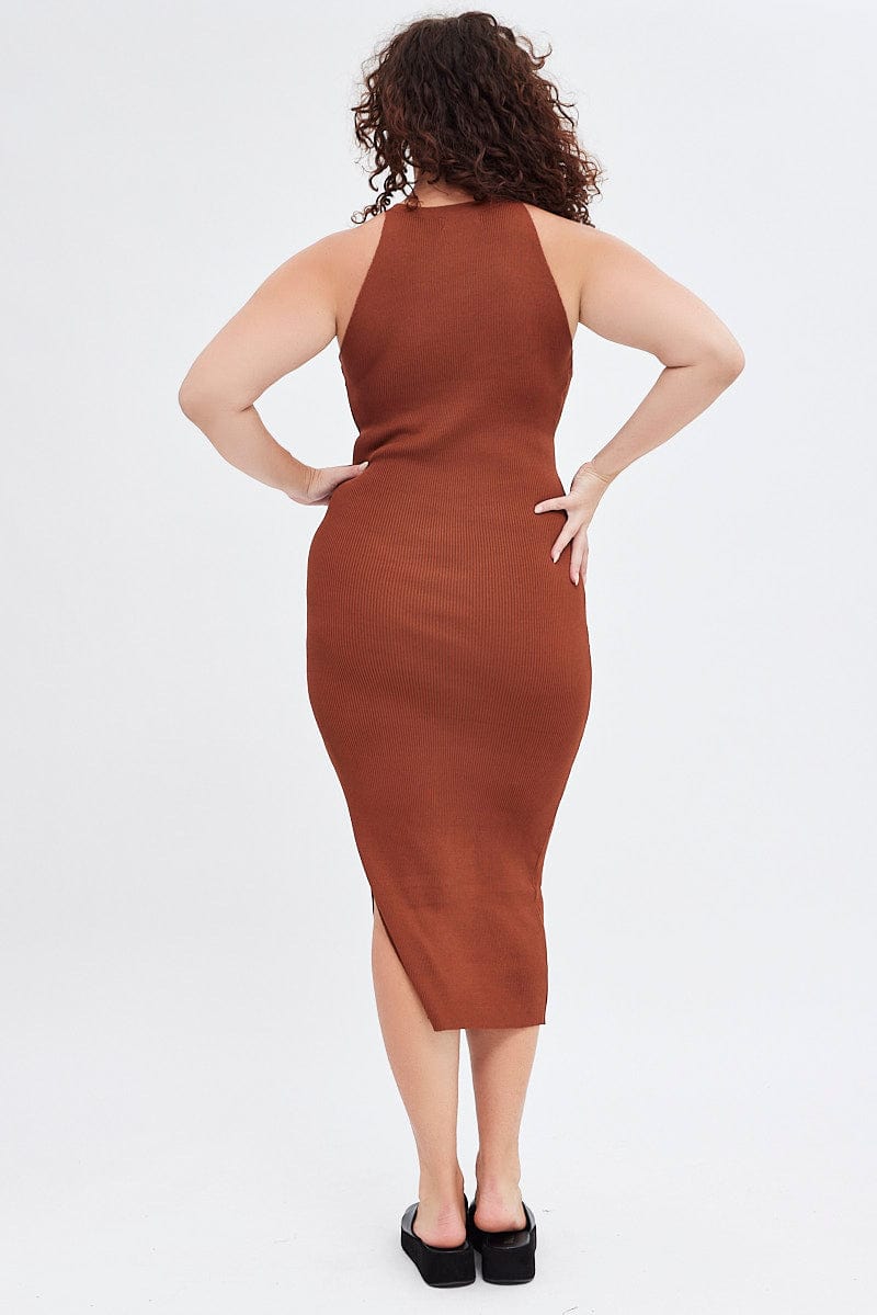 Brown Knit Dress High Neck Midi for YouandAll Fashion