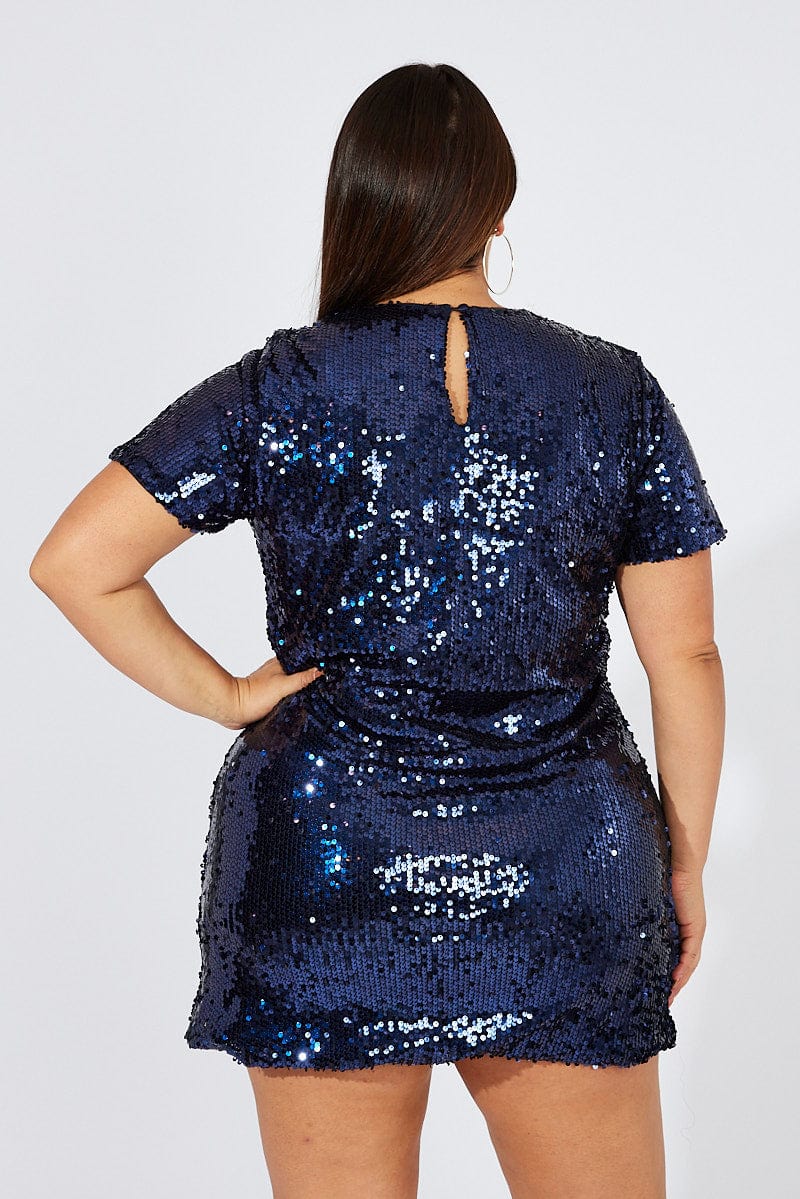 Blue Sequin Short Sleeve Minidress Iridescent for YouandAll Fashion