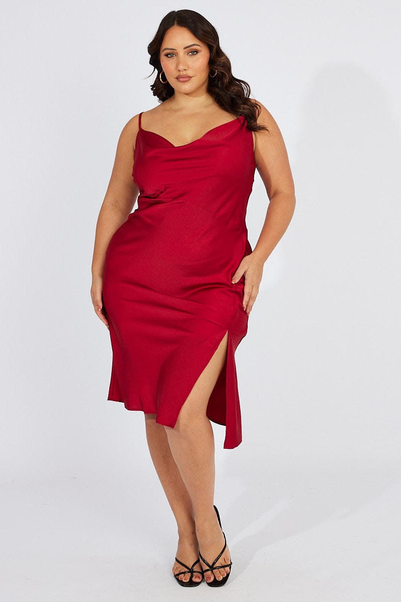 Red Cowl Midi Dress Satin Front Split for YouandAll Fashion