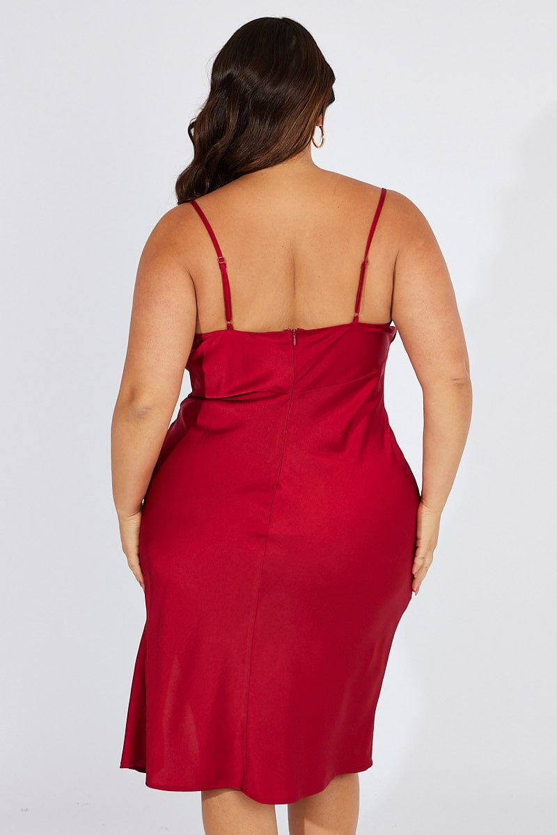 Red Cowl Midi Dress Satin Front Split for YouandAll Fashion