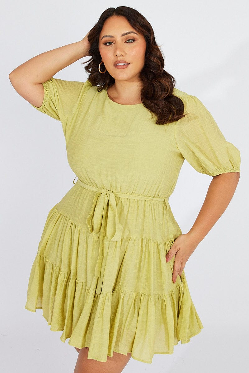 Green Skater Dress Short Puff Sleeve Textured for YouandAll Fashion