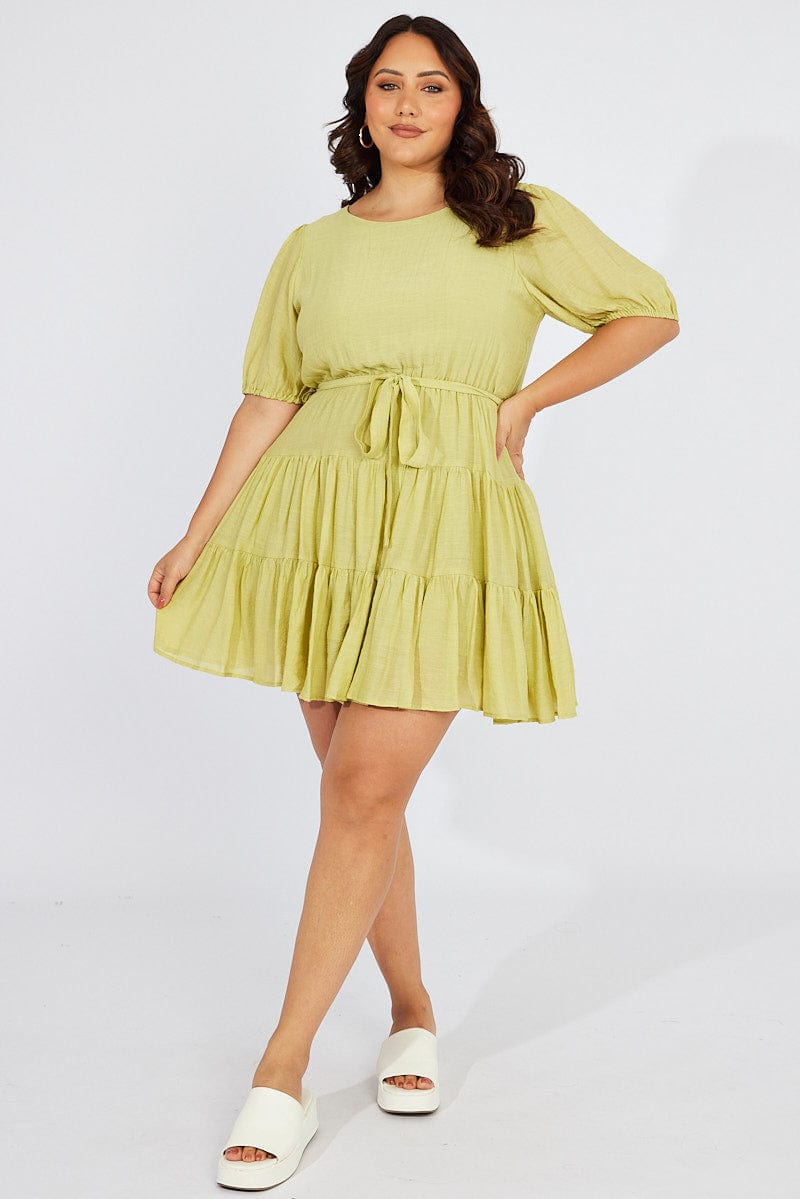 Green Skater Dress Short Puff Sleeve Textured for YouandAll Fashion