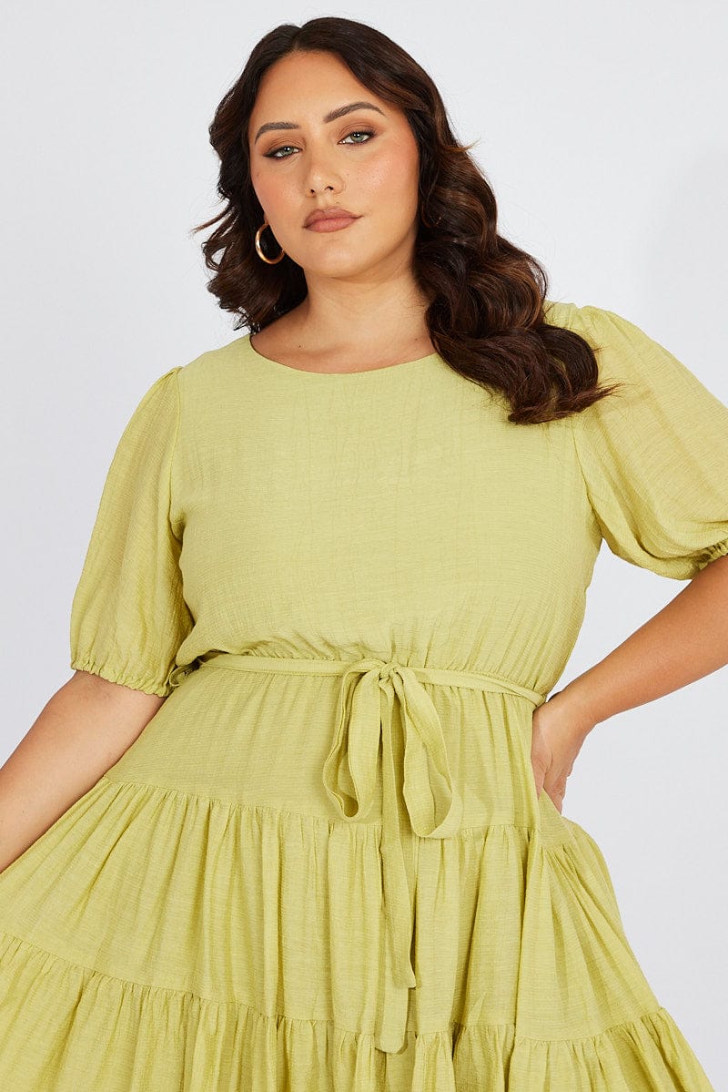 Green Skater Dress Short Puff Sleeve Textured for YouandAll Fashion