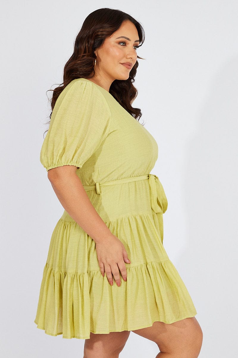 Green Skater Dress Short Puff Sleeve Textured for YouandAll Fashion