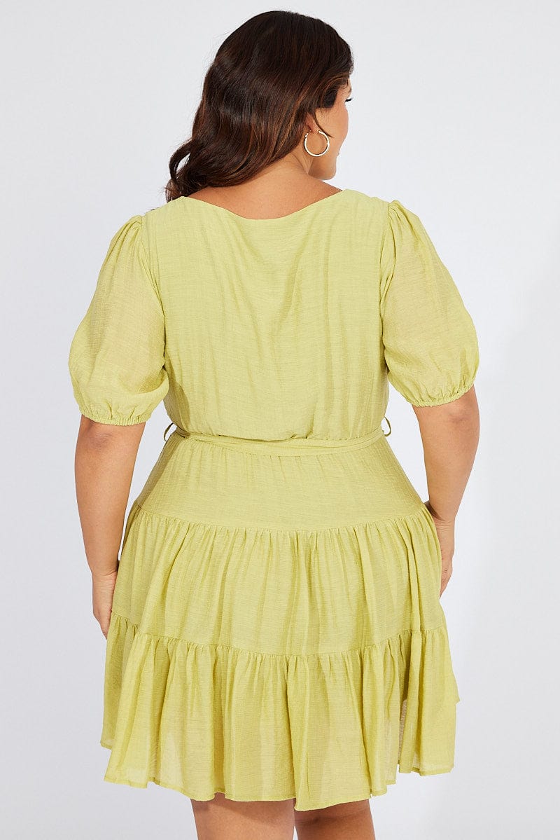 Green Skater Dress Short Puff Sleeve Textured | You & All