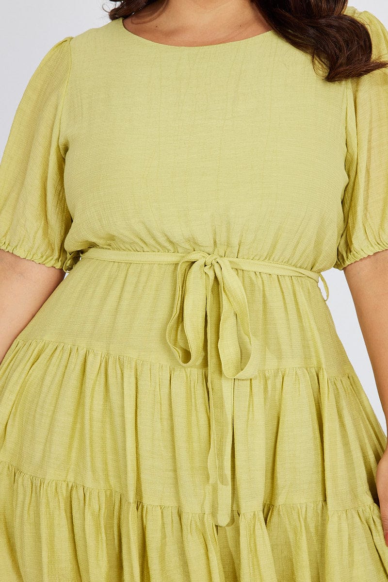 Green Skater Dress Short Puff Sleeve Textured for YouandAll Fashion