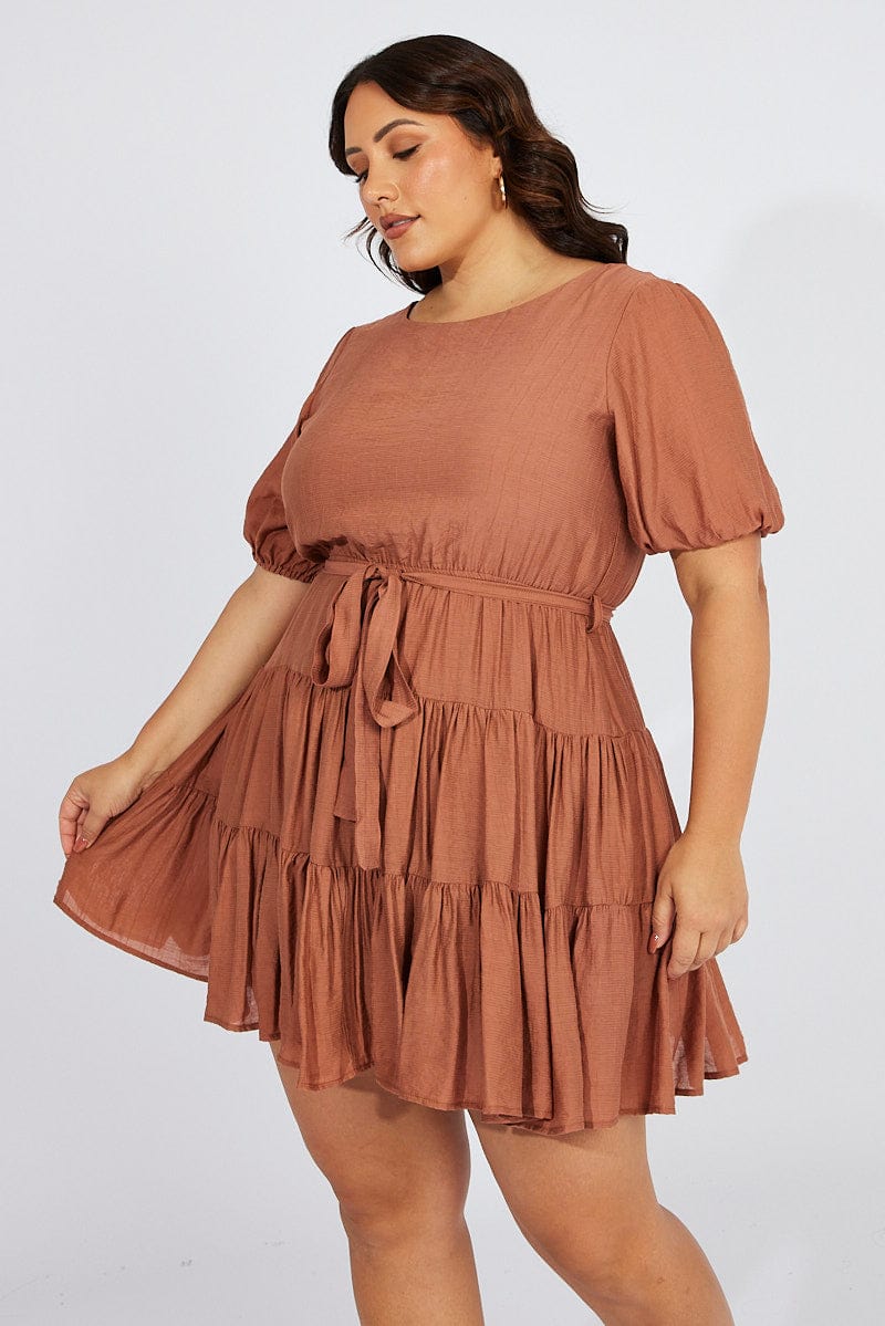 Brown Skater Dress Short Puff Sleeve Textured for YouandAll Fashion