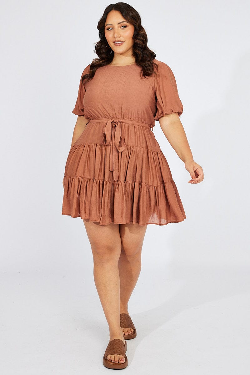 Brown Skater Dress Short Puff Sleeve Textured for YouandAll Fashion