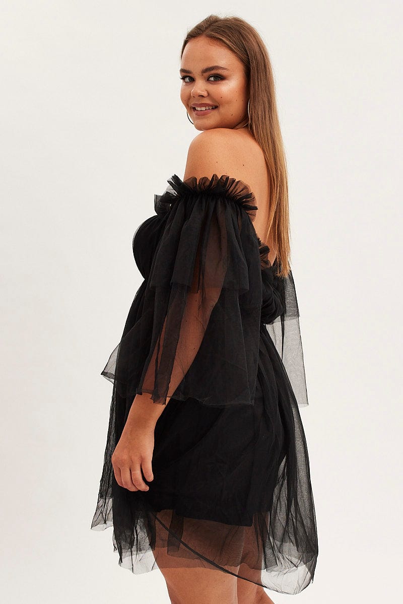 Black Party Dress Off-Shoulder Mini Tulle for YouandAll Fashion