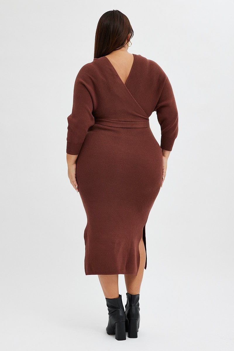 Brown Knit Dress Long Sleeve Rib  Cross Front for YouandAll Fashion