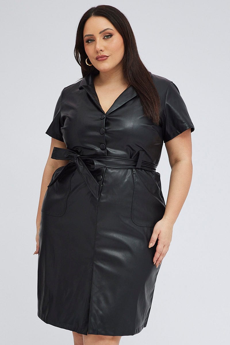 Black Faux Leather Dress Knee Length Short Sleeve Belt | You & All Black Faux Leather Dress Knee Length Short Sleeve Belt | You & All