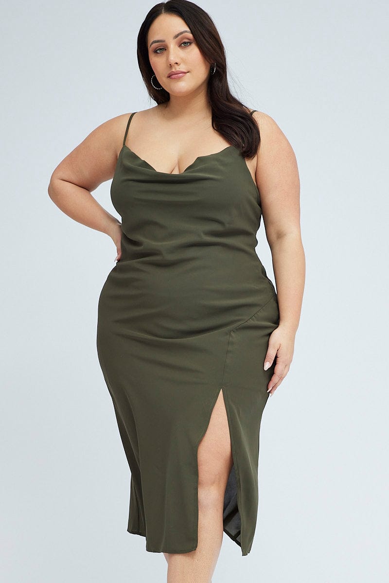 Green Midi Dress Cocktail Split Side Strappy for YouandAll Fashion