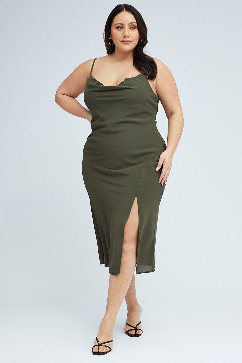 Green Midi Dress Cocktail Split Side Strappy for YouandAll Fashion