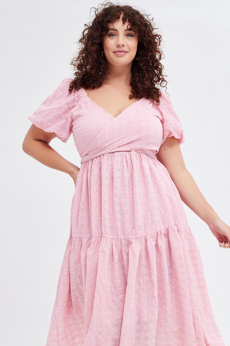Pink Midi Dress Textured Cross Front | You & All Pink Midi Dress Textured Cross Front | You & All
