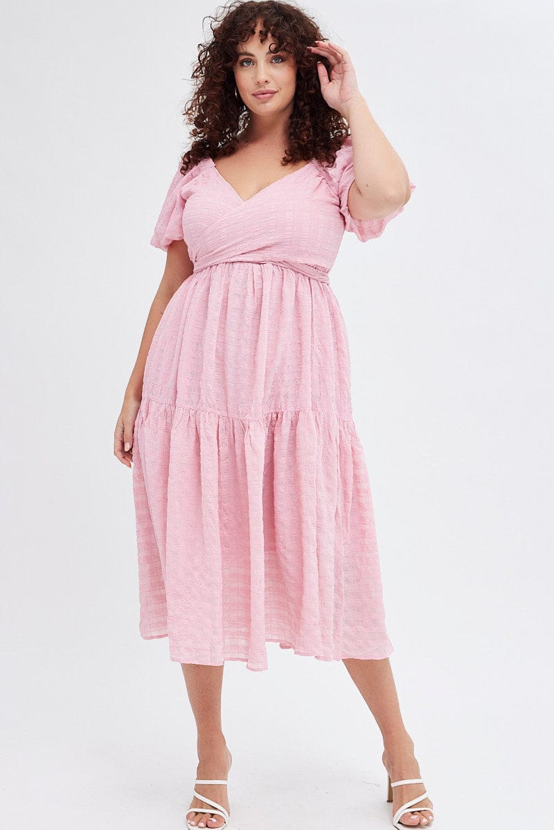 Pink Midi Dress Textured Cross Front for YouandAll Fashion