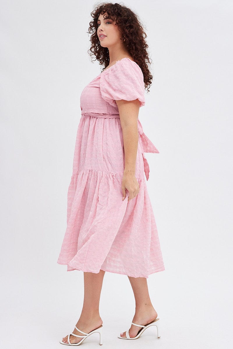 Pink Midi Dress Textured Cross Front for YouandAll Fashion