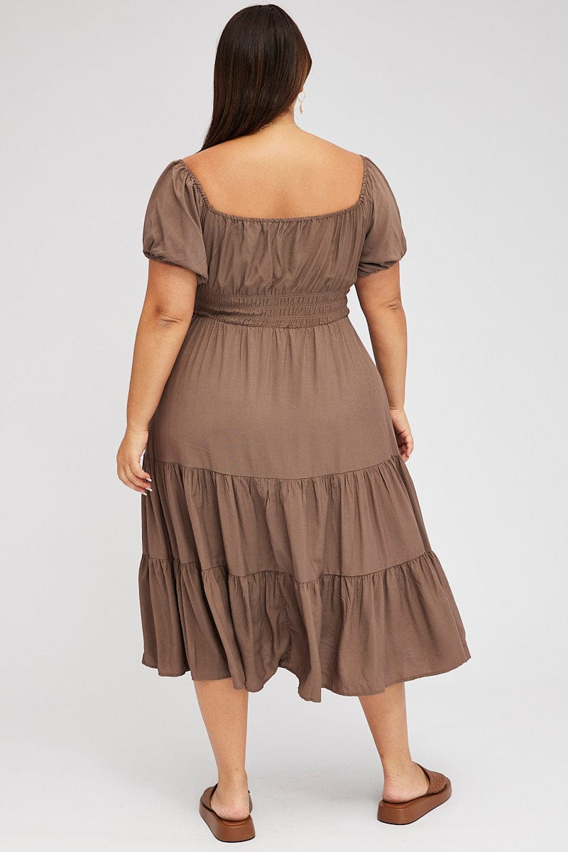 Brown Midi Dress Off Shoulder Elastic Waist Puff Sleeve