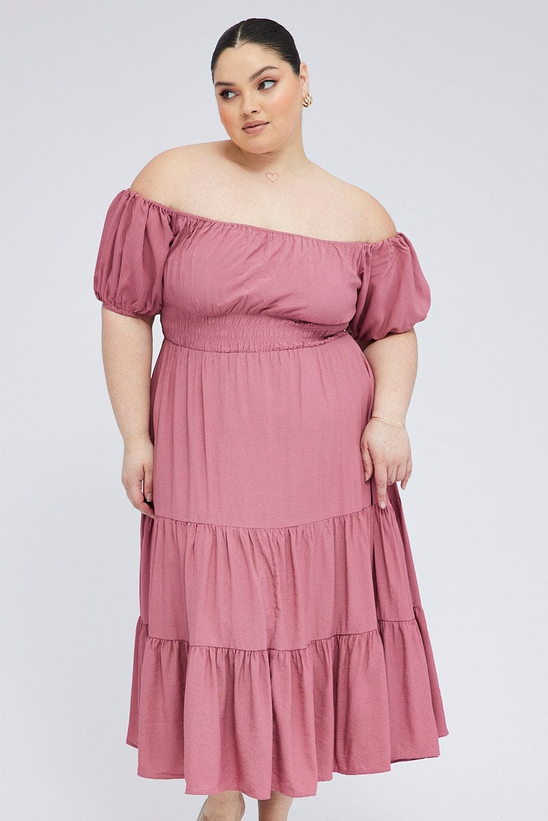 Pink off shoulder puff sleeve online dress