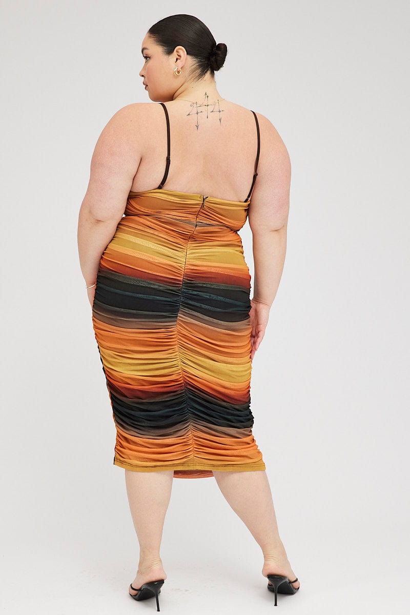 Multi Abstract Bodycon Dress Mesh Ruched Sunset Print Strappy