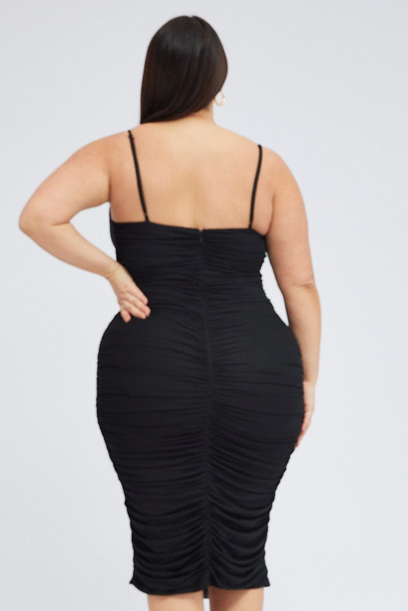 Black Mesh V Ruched Dress for YouandAll Fashion