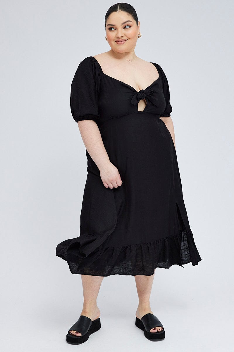 Black Tie Front Midi Dress Short Puff Sleeve Split Front for YouandAll Fashion