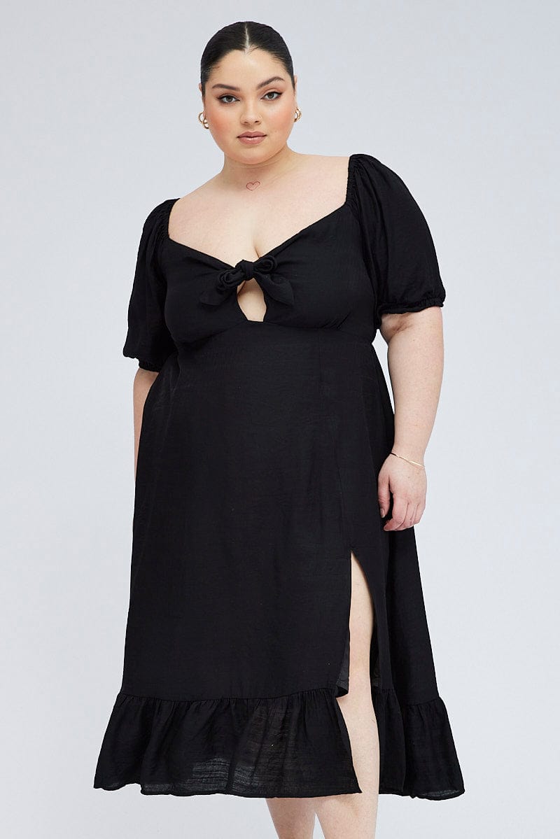 Black Tie Front Midi Dress Short Puff Sleeve Split Front for YouandAll Fashion