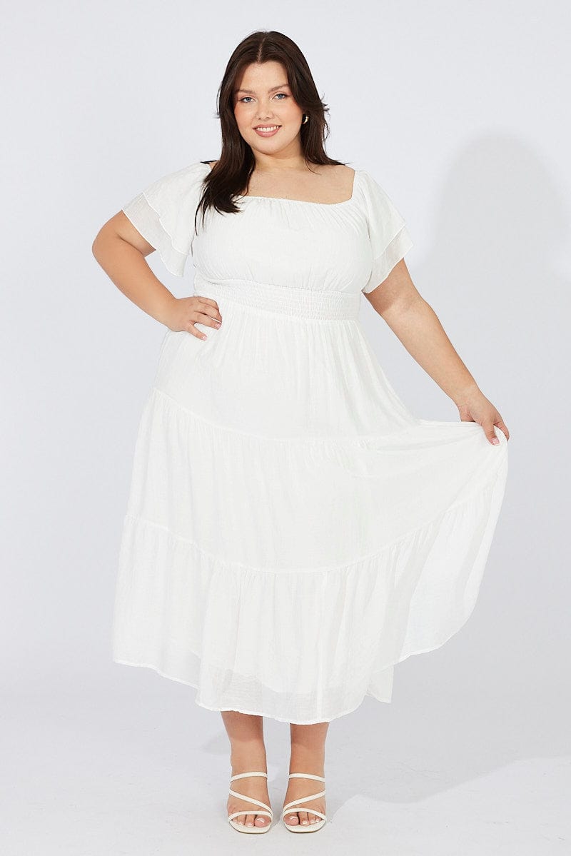 White Off Shoulder Layer Midi Dress for YouandAll Fashion