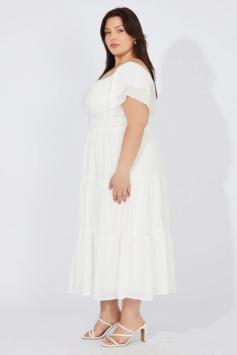 White Off Shoulder Layer Midi Dress for YouandAll Fashion