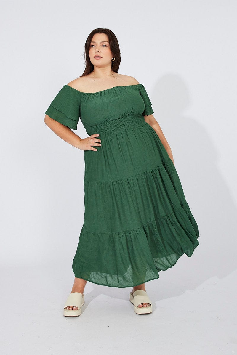 Green Off Shoulder Layer Midi Dress for YouandAll Fashion