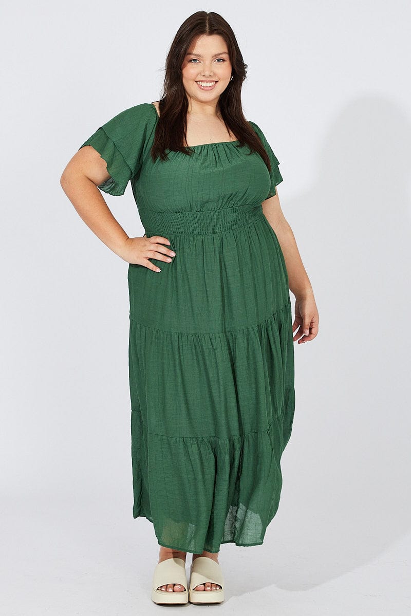 Green Off Shoulder Layer Midi Dress for YouandAll Fashion