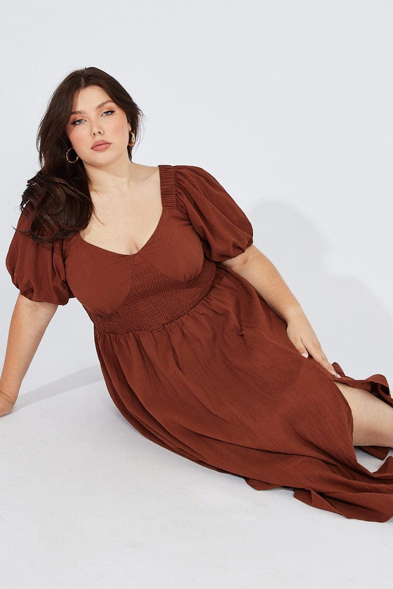 Brown Midi Dress Puff Sleeve Front Split for YouandAll Fashion