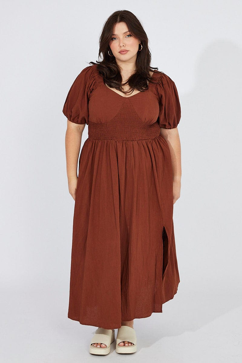 Brown Midi Dress Puff Sleeve Front Split for YouandAll Fashion