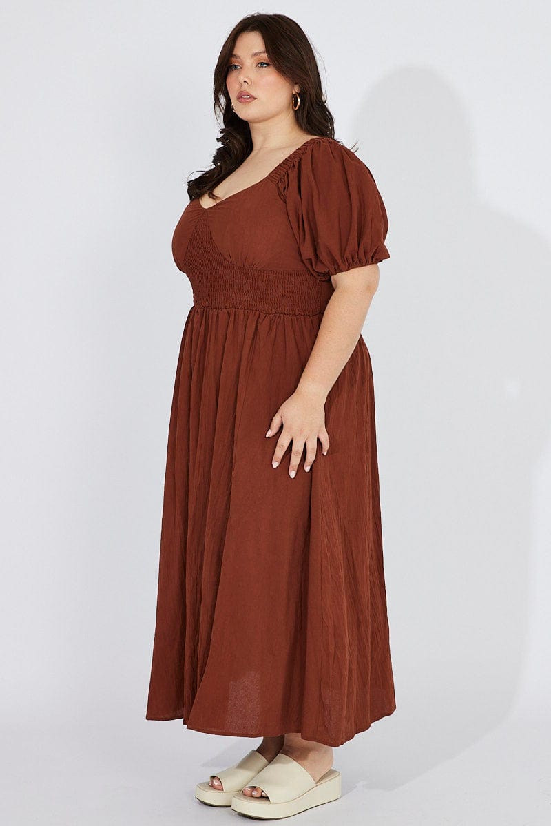 Brown Midi Dress Puff Sleeve Front Split for YouandAll Fashion