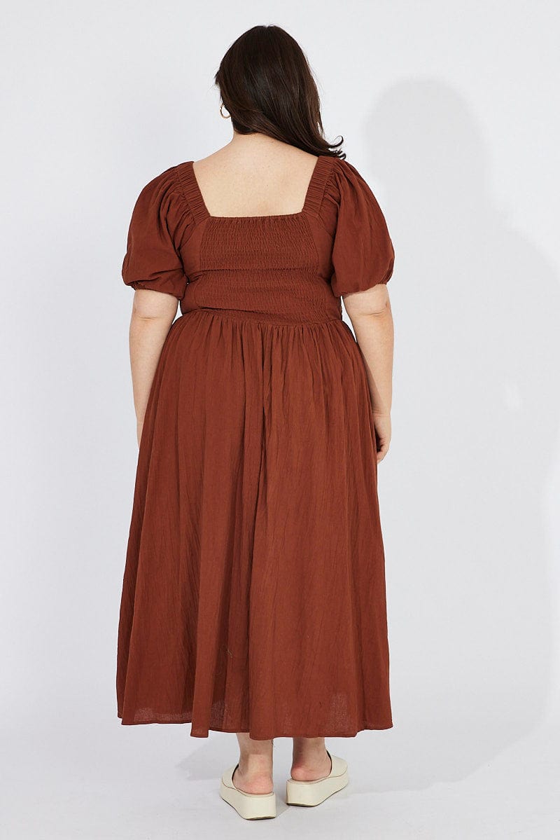 Brown Midi Dress Puff Sleeve Front Split for YouandAll Fashion