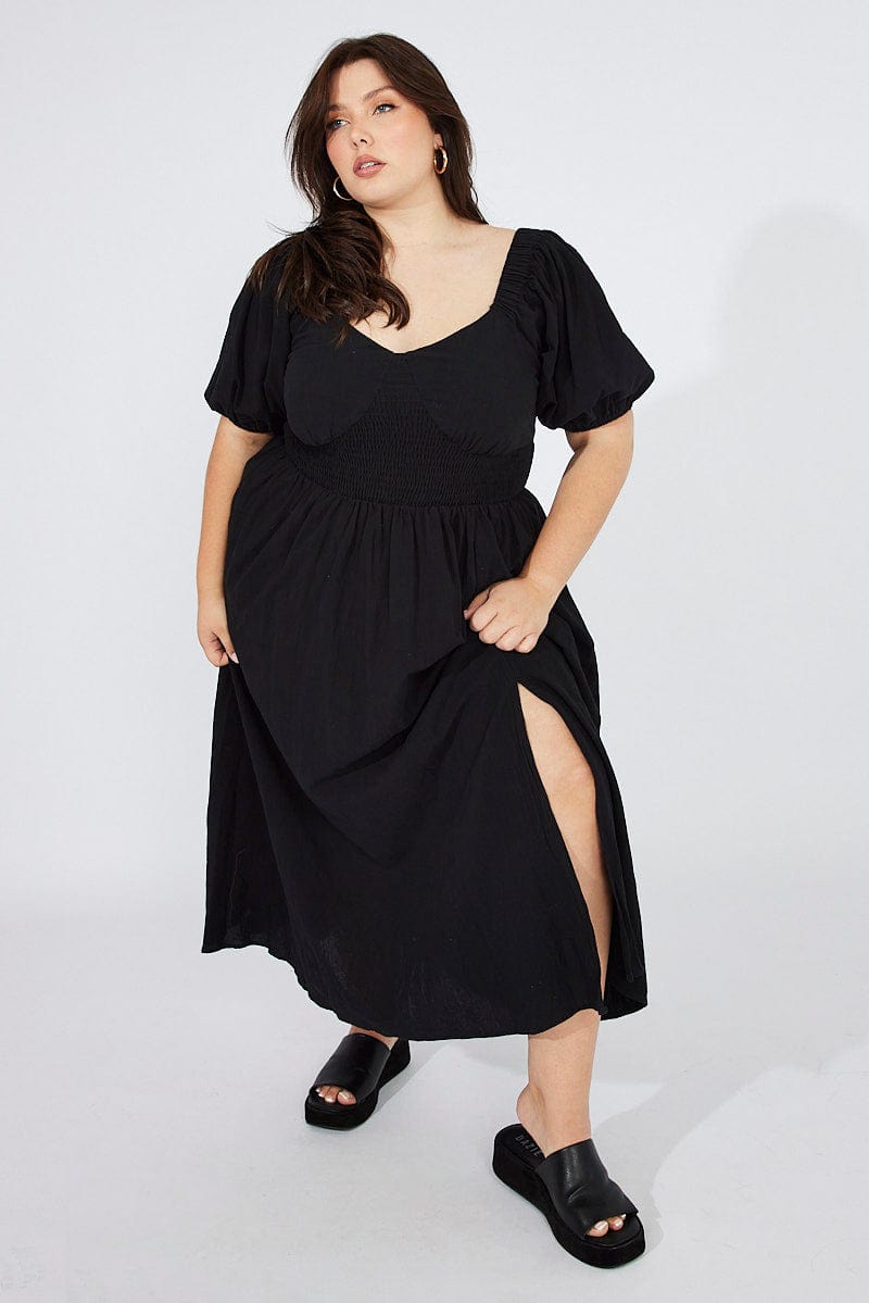 Black Midi Dress Puff Sleeve Front Split for YouandAll Fashion