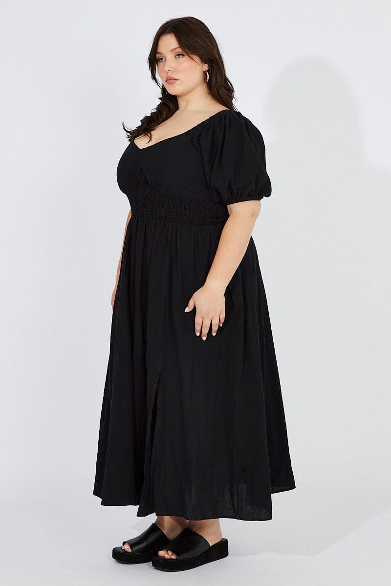 Black Midi Dress Puff Sleeve Front Split for YouandAll Fashion