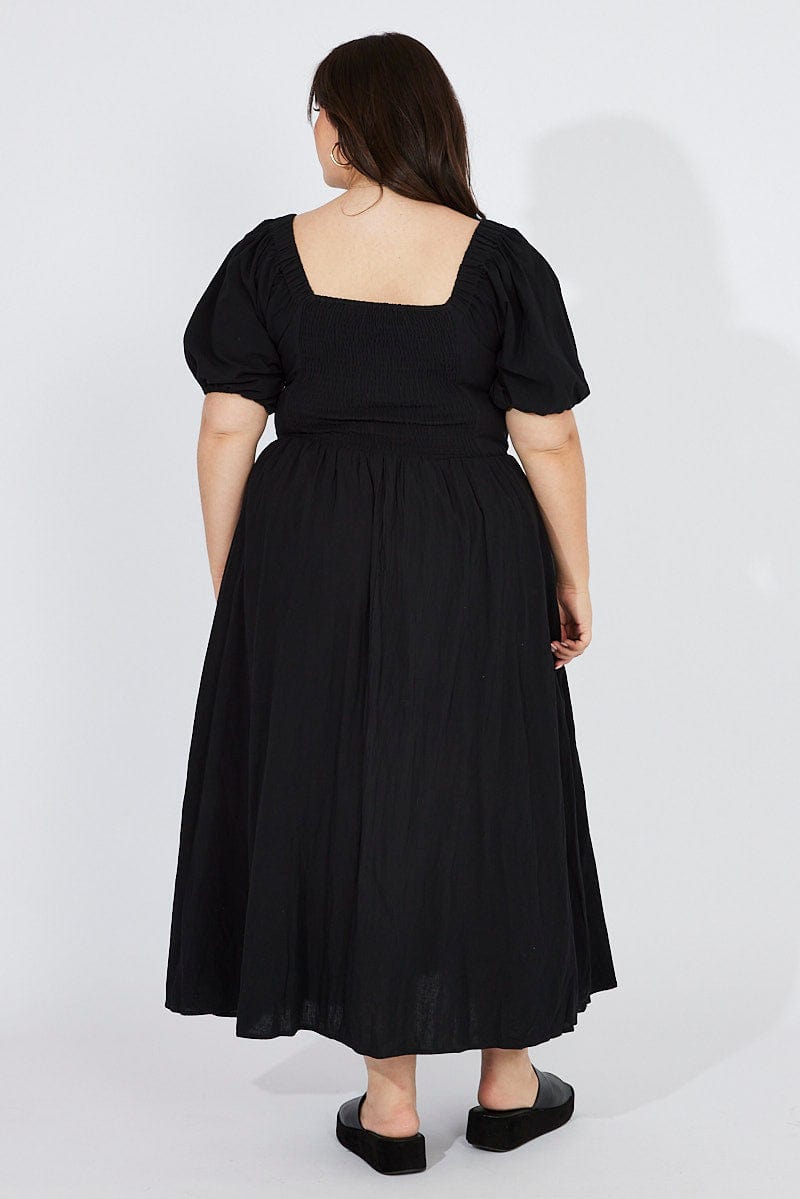 Black Midi Dress Puff Sleeve Front Split for YouandAll Fashion