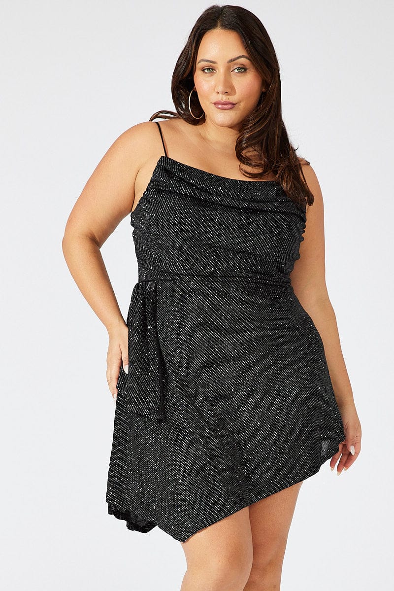Black Glitter Cowl Mini Dress for YouandAll Fashion