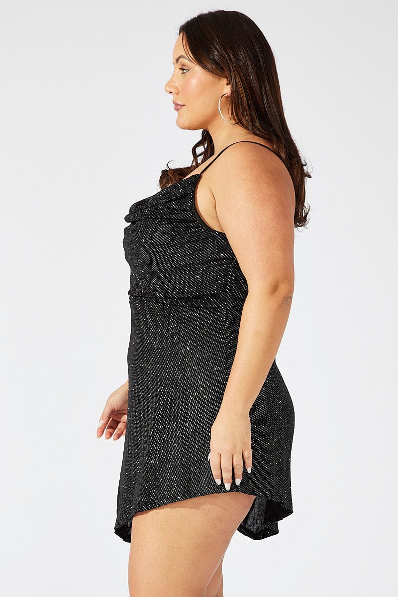 Black Glitter Cowl Mini Dress for YouandAll Fashion