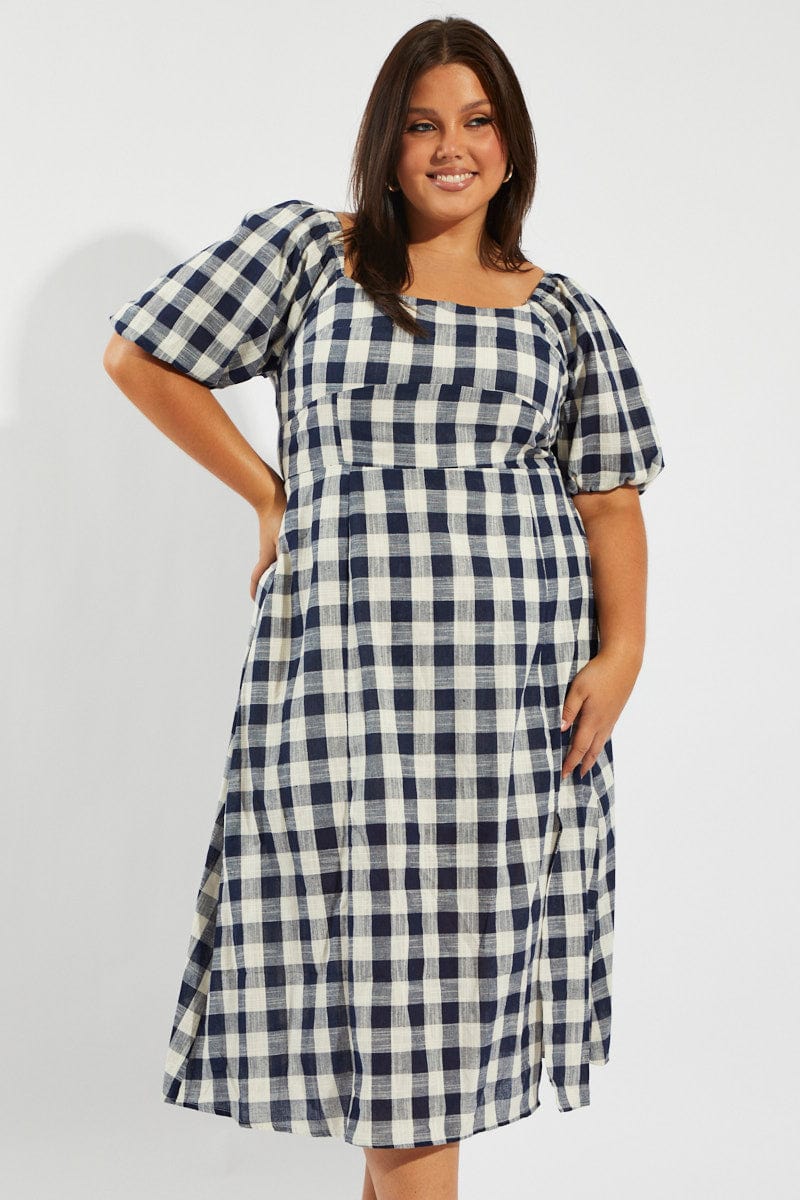 Blue Check Midi Dress With Split And Puff Sleeves for YouandAll Fashion