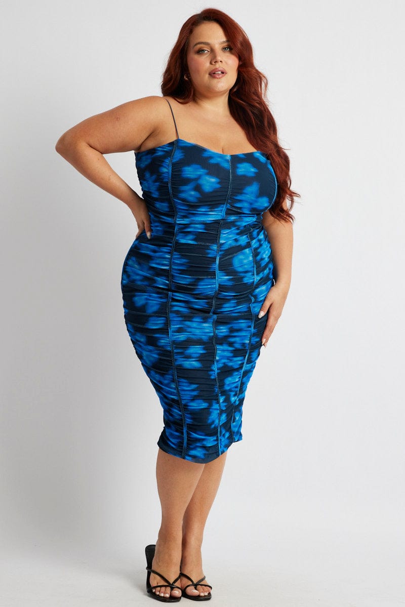 Blue Floral Mesh Ruched Midi Dress for YouandAll Fashion