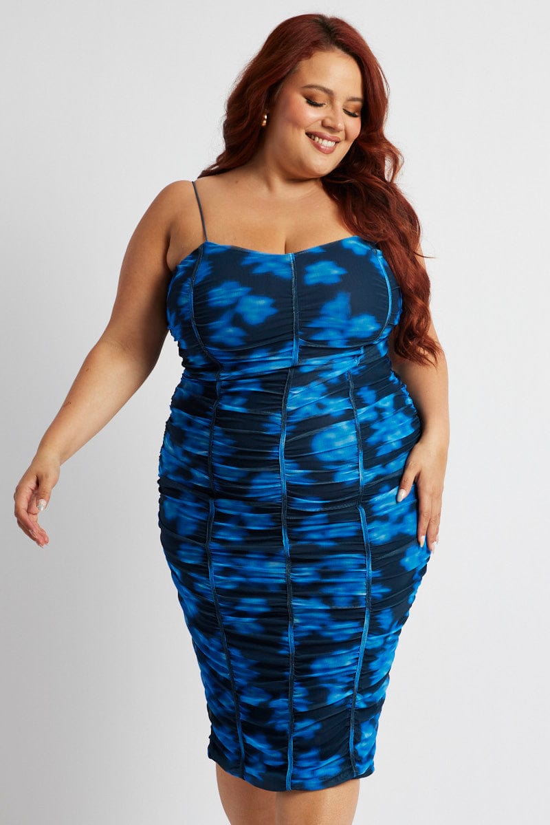 Blue Floral Mesh Ruched Midi Dress for YouandAll Fashion