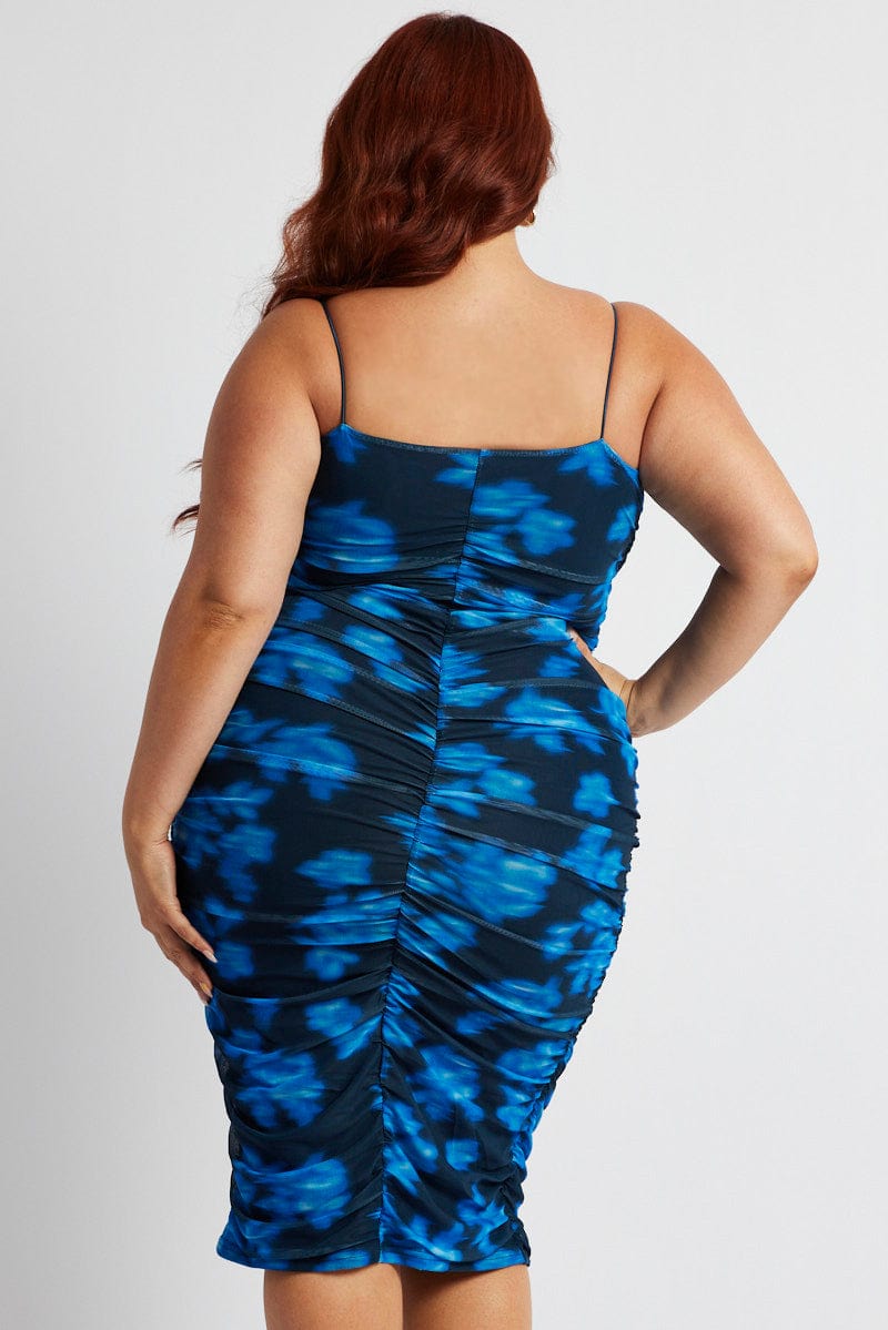 Blue Floral Mesh Ruched Midi Dress You All - Main Image
