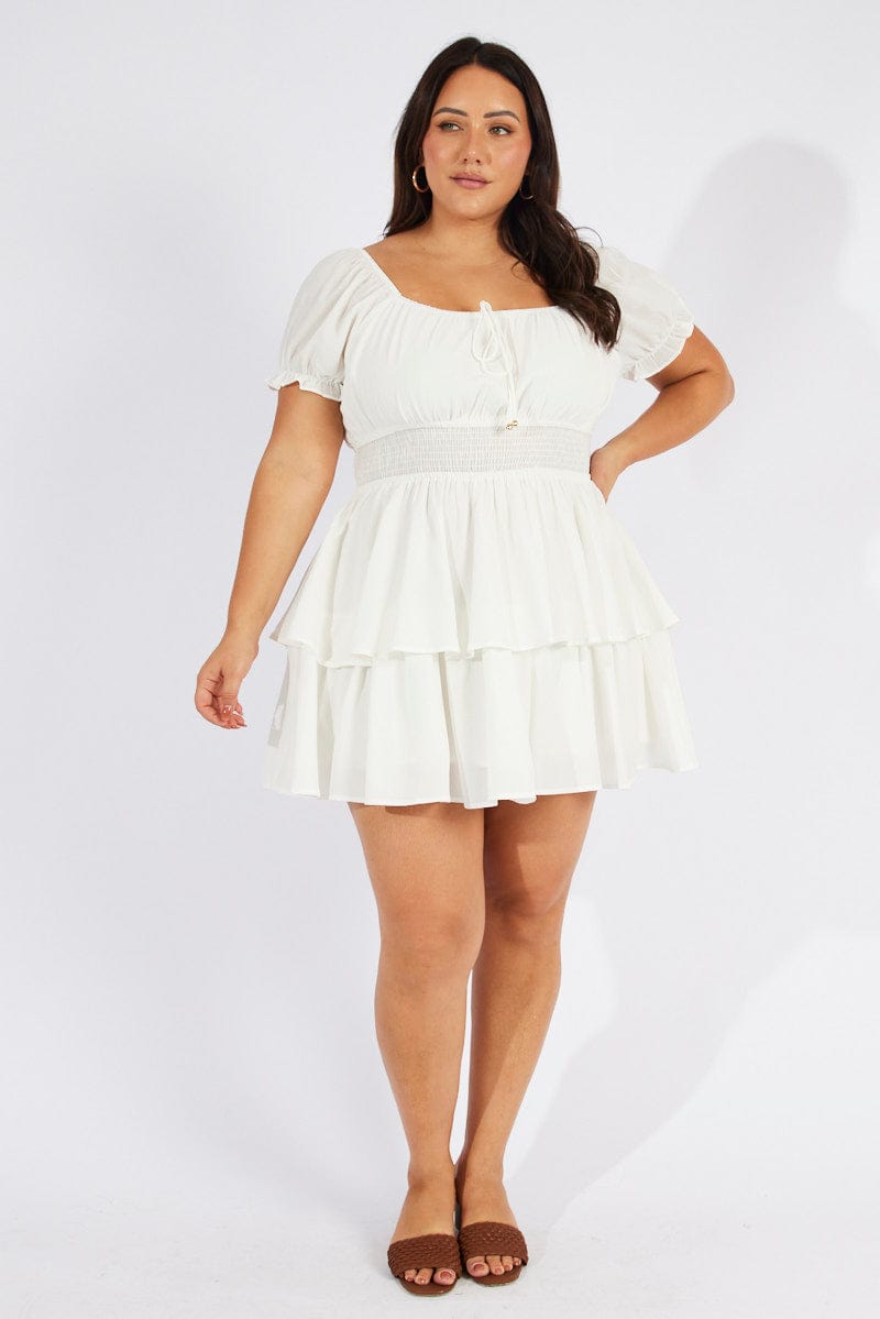 White Minidress Shirred Waist Layered Skirt for YouandAll Fashion