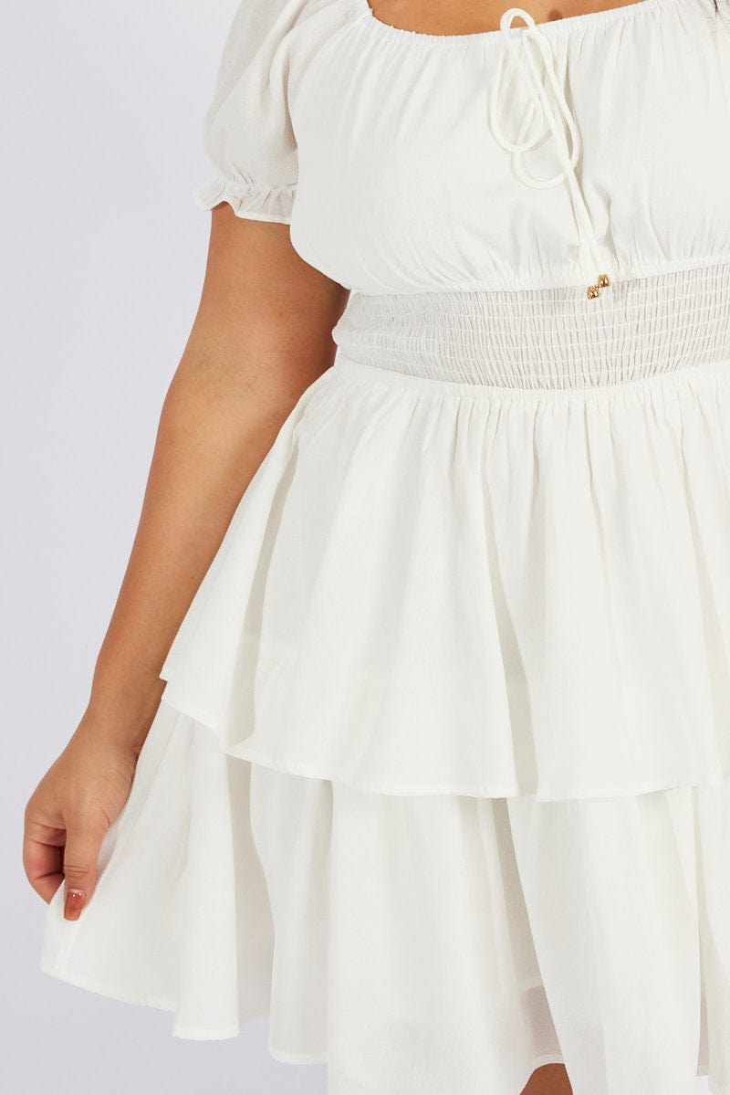 White Minidress Shirred Waist Layered Skirt for YouandAll Fashion