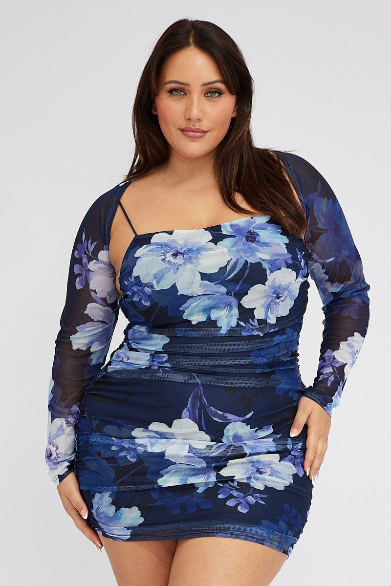 Blue Floral Mesh Bodycon Ruched Dress With Shrug for YouandAll Fashion