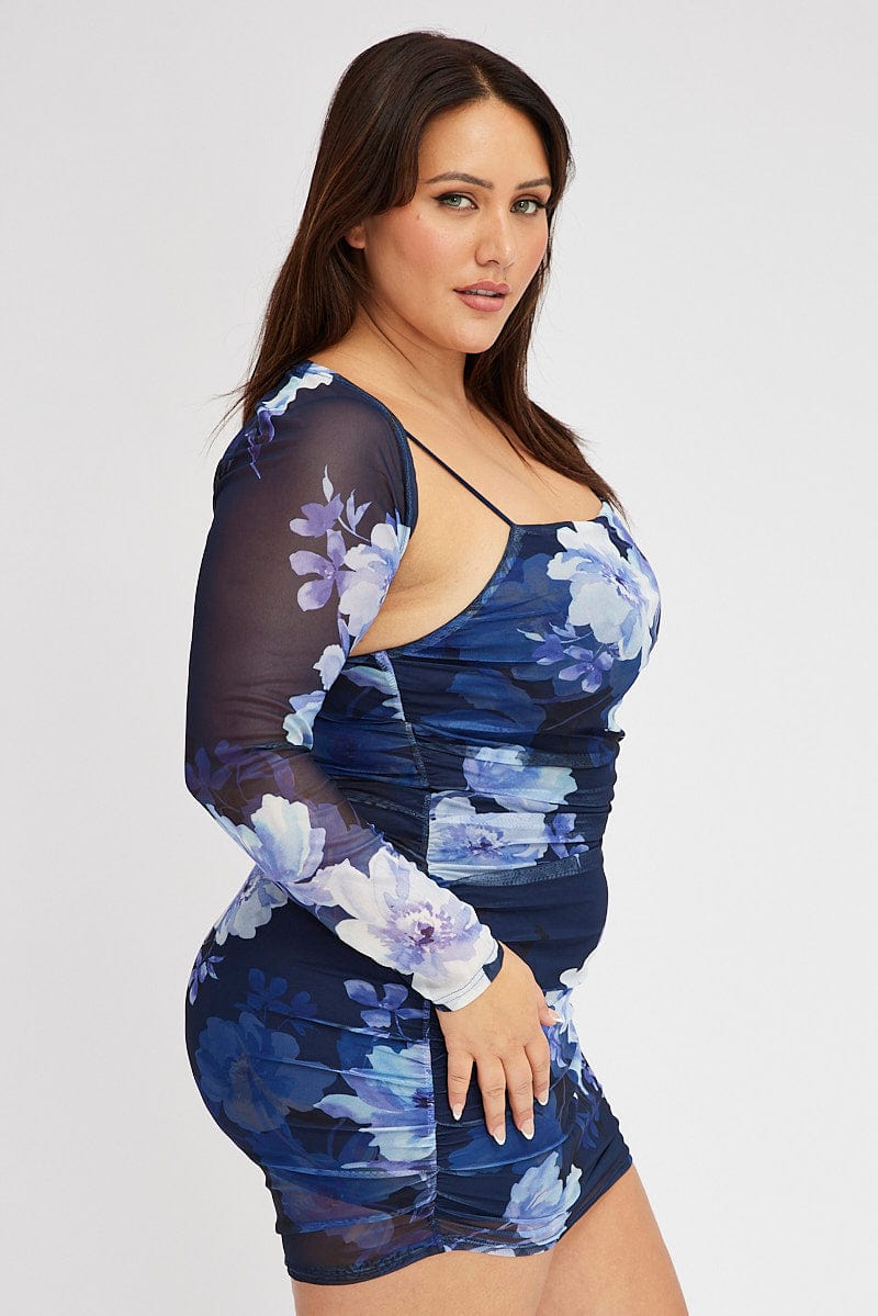 Blue Floral Mesh Bodycon Ruched Dress With Shrug for YouandAll Fashion