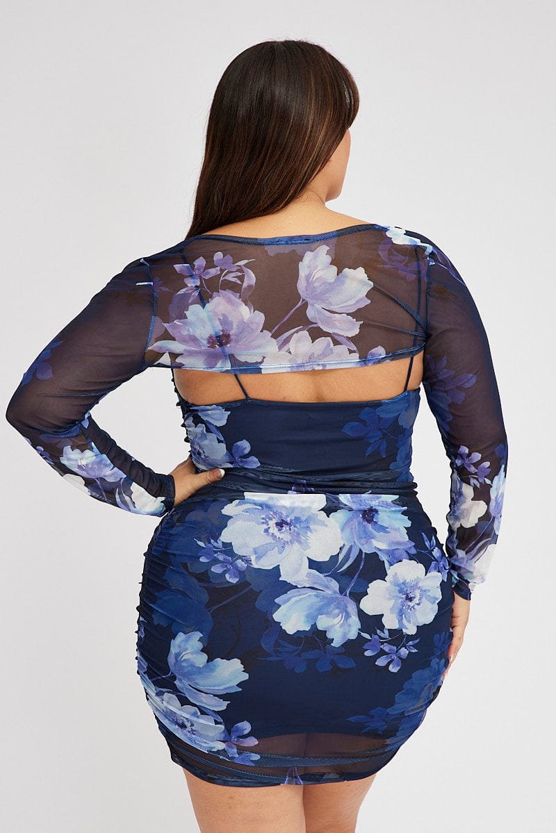 Blue Floral Mesh Bodycon Ruched Dress With Shrug for YouandAll Fashion